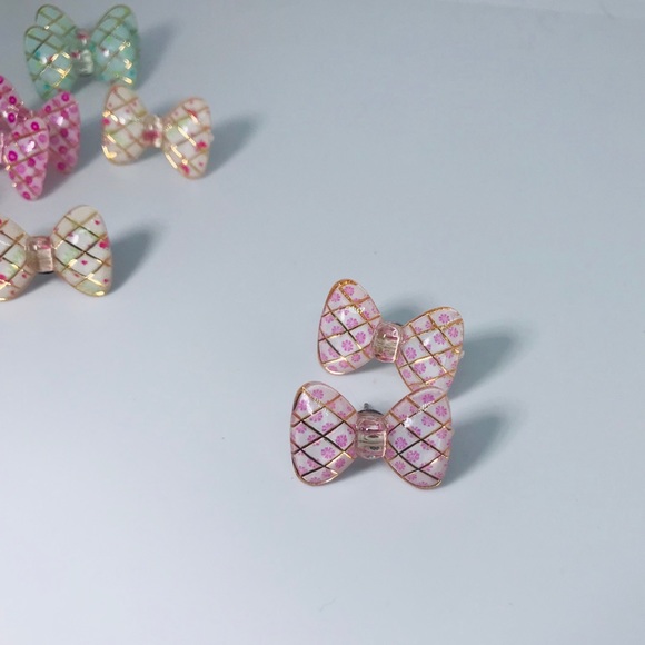 Pink Floral Bow Kawaii Handmade Stud Earrings Preppy Cute Trendy Unique - Picture 6 of 9
